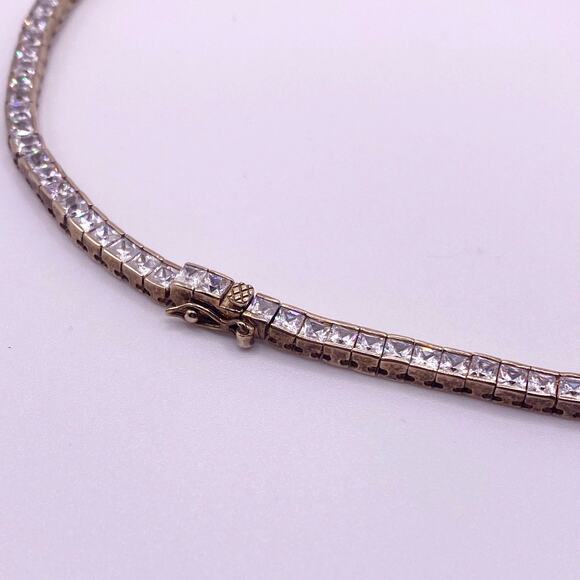 Sterling Silver Square CZ Tenis Necklace Gold Plated 32” - Picture 5 of 6
